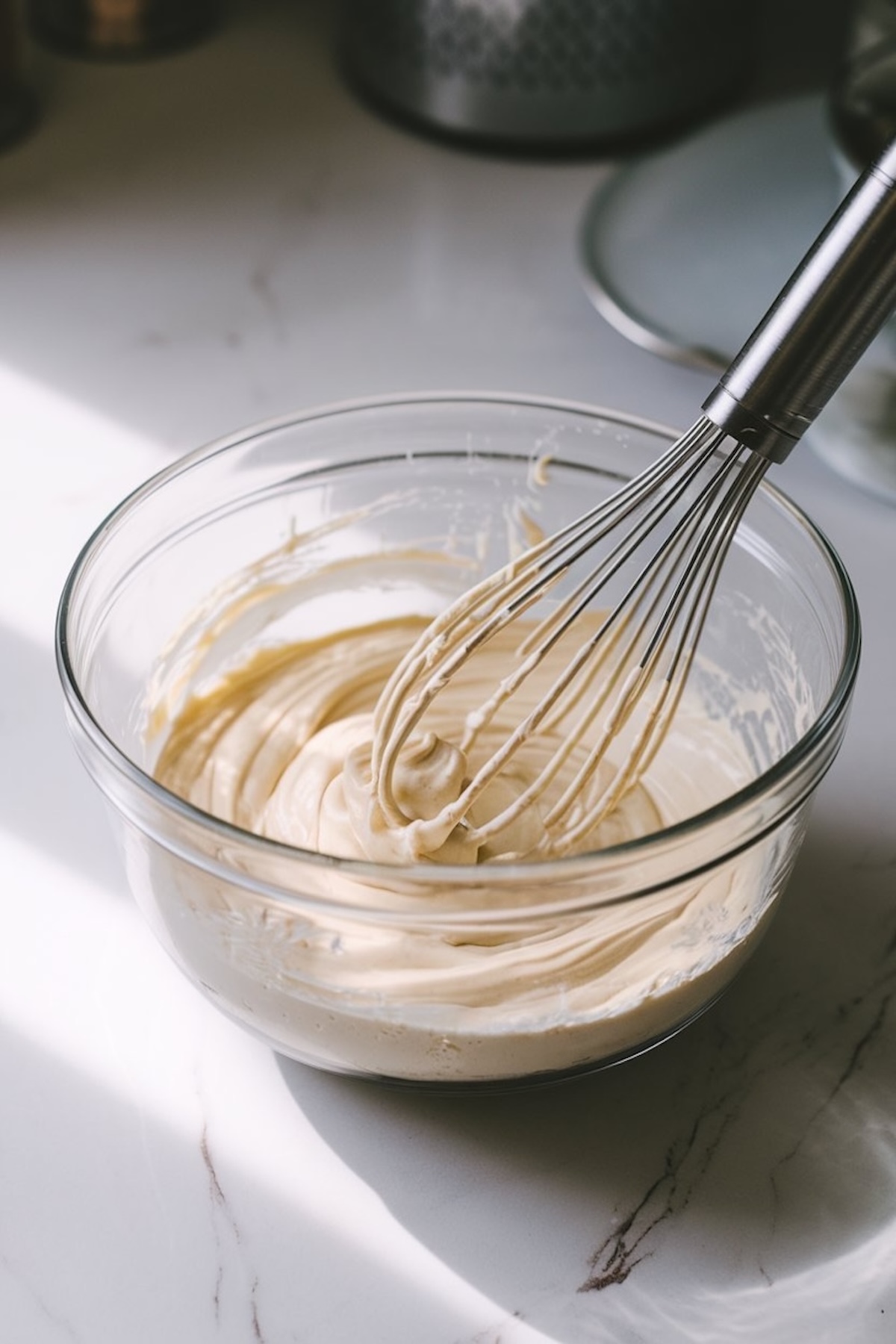 A glass mixing bowl filled with creamy cheesecake batter, with a metal whisk partially submerged. Natural lighting highlights the smooth texture of the mixture on a marble countertop.
