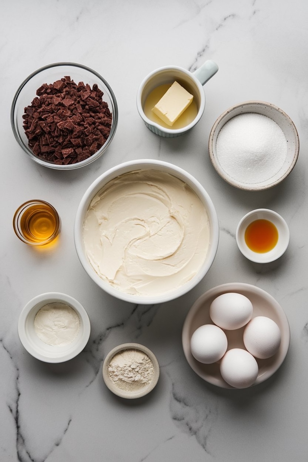 Flat lay of Baileys cheesecake ingredients on a marble countertop, including cream cheese, eggs, sugar, vanilla extract, chocolate chunks, butter, and flour, all neatly arranged in separate bowls.