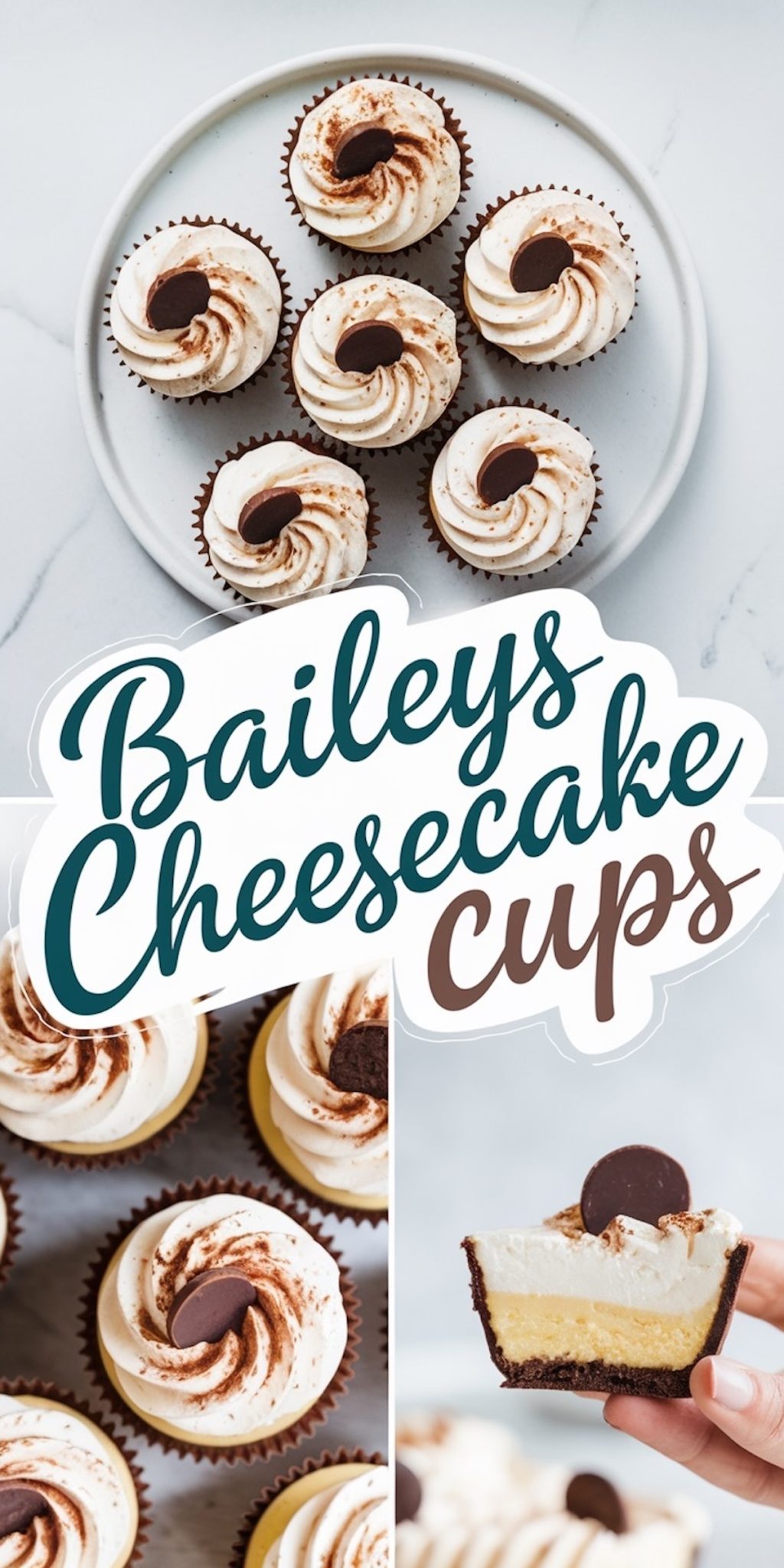 A collage of Baileys cheesecake cups in three shots: a top-down view of cupcakes on a plate, a close-up of piped whipped topping with cocoa powder and chocolate garnish, and a sliced cheesecake cup revealing creamy layers. The text overlay reads “Baileys Cheesecake Cups.”