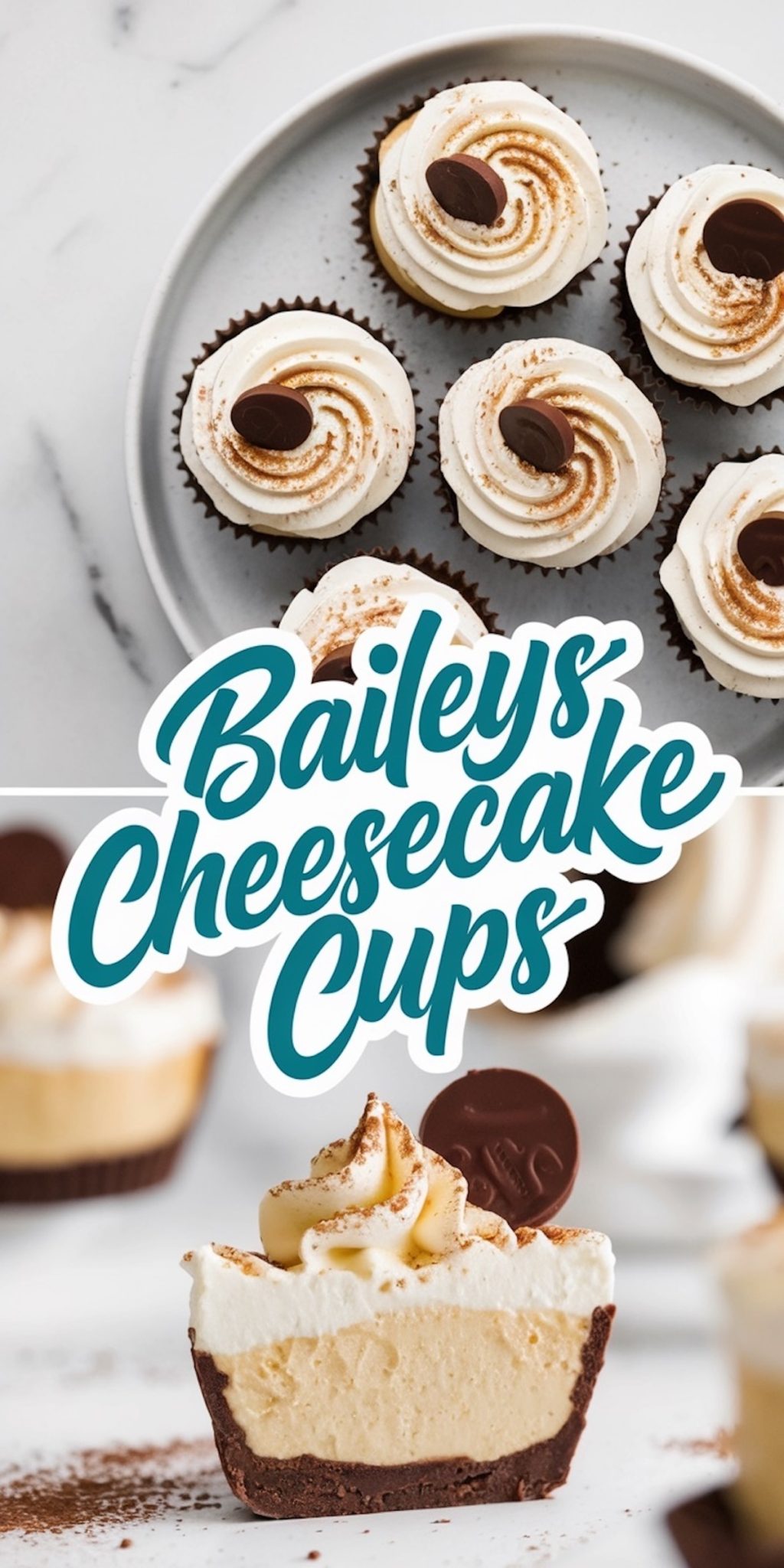 A collage of Baileys cheesecake cups, similar to the previous, featuring three shots: a plate of cupcakes, a close-up of whipped topping with chocolate garnish, and a sliced cup showing rich layers over a chocolate crust. The text overlay reads “Baileys Cheesecake Cups.”