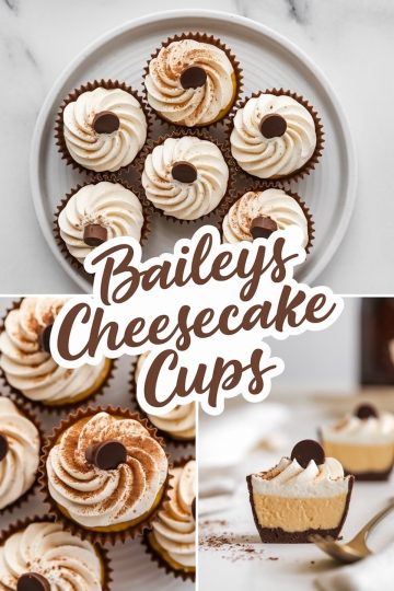 A collage of Baileys cheesecake cups featuring three shots: a top-down view of cupcakes on a white plate, a close-up of swirled whipped topping dusted with cocoa powder and a chocolate garnish, and a sliced cheesecake cup revealing creamy layers over a chocolate crust. Bold text overlay reads “Baileys Cheesecake Cups.”