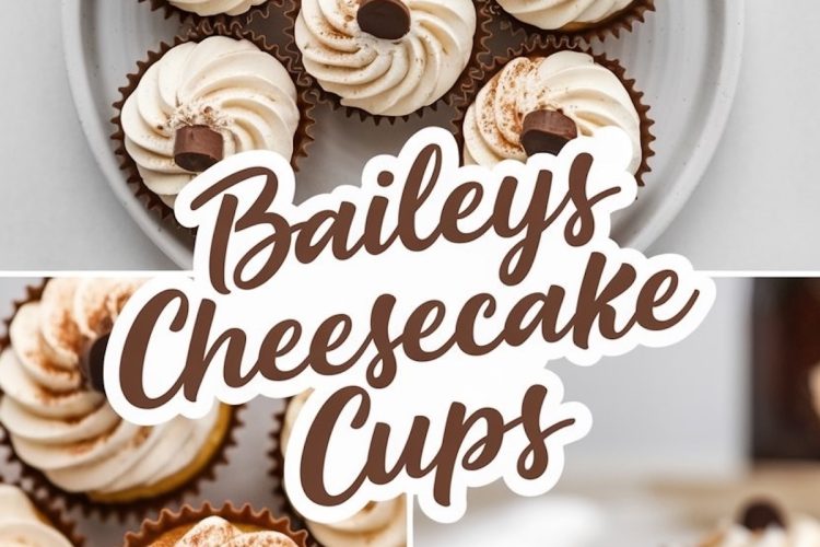 A collage of Baileys cheesecake cups featuring three shots: a top-down view of cupcakes on a white plate, a close-up of swirled whipped topping dusted with cocoa powder and a chocolate garnish, and a sliced cheesecake cup revealing creamy layers over a chocolate crust. Bold text overlay reads “Baileys Cheesecake Cups.”