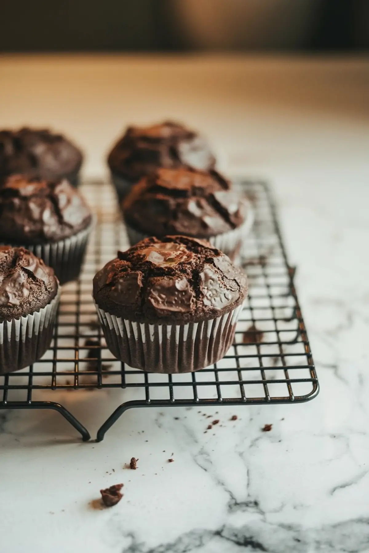 Freshly baked chocolate cupcakes cooling on a black wire rack. The cupcakes have a cracked, fudgy top, revealing a rich and moist chocolate texture. Crumbs are scattered on the marble countertop, enhancing the homemade aesthetic.