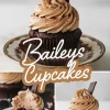 A collage featuring three images of Baileys chocolate cupcakes. The top image highlights a single cupcake on an elegant plate, while the bottom-left image shows a bitten cupcake revealing a moist chocolate interior. The bottom-right image captures a whole cupcake on a blue plate. A text overlay reads “Baileys Cupcakes.”