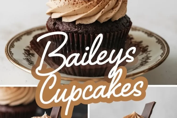 A collage featuring three images of Baileys chocolate cupcakes. The top image highlights a single cupcake on an elegant plate, while the bottom-left image shows a bitten cupcake revealing a moist chocolate interior. The bottom-right image captures a whole cupcake on a blue plate. A text overlay reads “Baileys Cupcakes.”