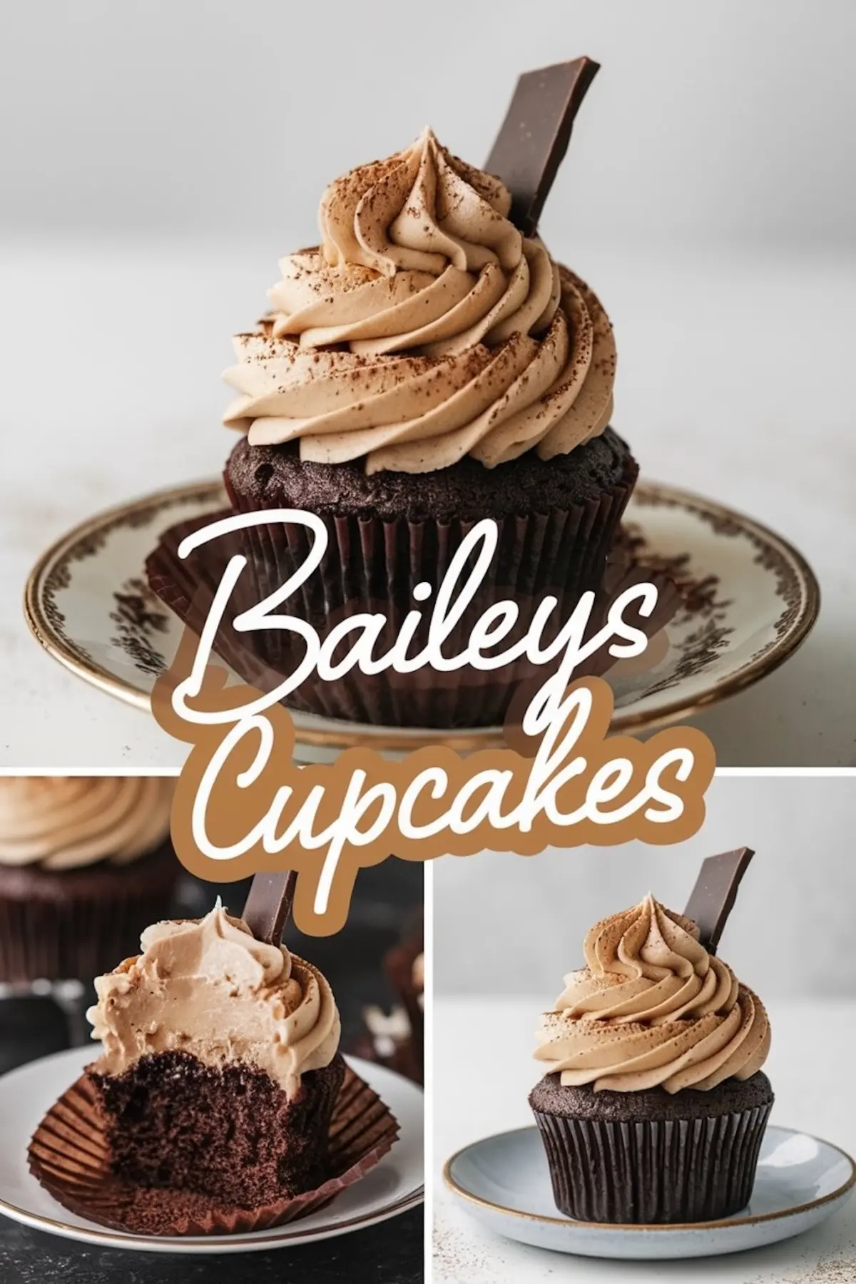 A collage featuring three images of Baileys chocolate cupcakes. The top image highlights a single cupcake on an elegant plate, while the bottom-left image shows a bitten cupcake revealing a moist chocolate interior. The bottom-right image captures a whole cupcake on a blue plate. A text overlay reads “Baileys Cupcakes.”