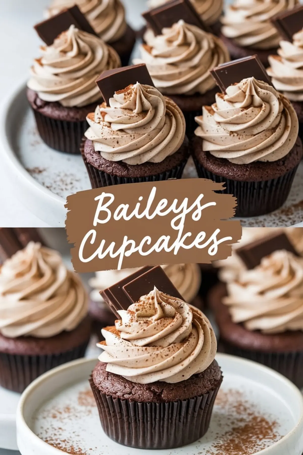 A collage of Baileys chocolate cupcakes with creamy frosting, dusted with cocoa powder and topped with a square of dark chocolate. The top image showcases multiple cupcakes arranged on a plate, while the bottom image focuses on a single cupcake placed on a small dish. The text overlay reads “Baileys Cupcakes” in a handwritten-style font.