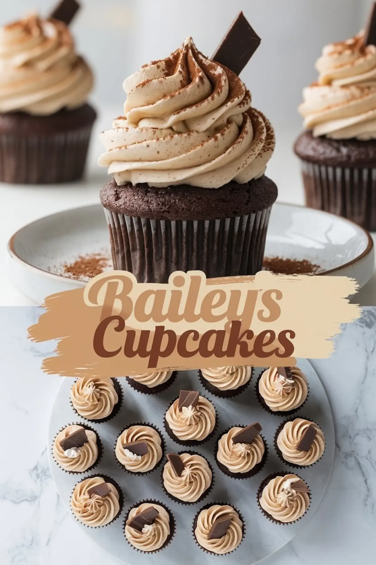 	A collage of Baileys chocolate cupcakes. The top image showcases a close-up of a cupcake with swirled frosting and a chocolate garnish. The bottom image presents a top-down view of multiple cupcakes neatly arranged on a marble surface. A text overlay in a beige and brown design reads “Baileys Cupcakes.”