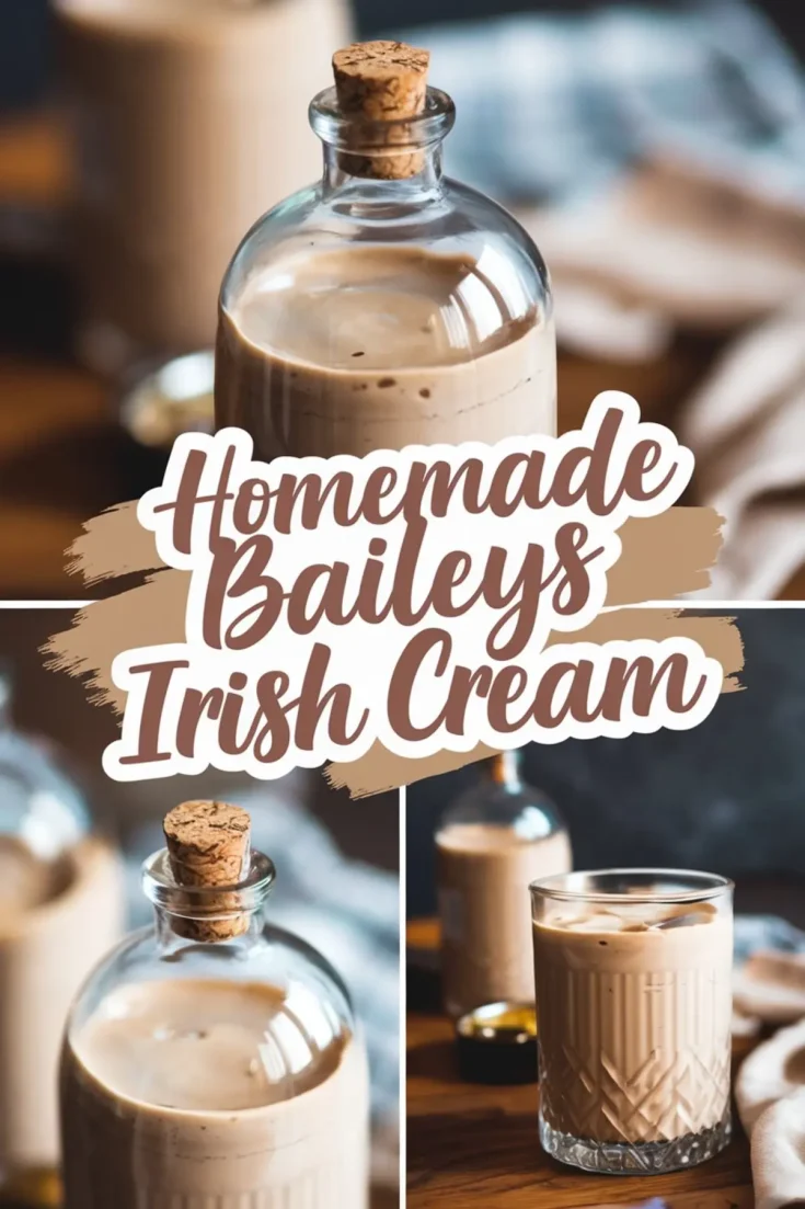 Collage with a close-up of a corked glass bottle filled with homemade Baileys, a rich, creamy texture visible inside. The bottom images display a chilled Baileys cocktail with ice and a rustic wooden background. The text overlay enhances the cozy, homemade vibe.