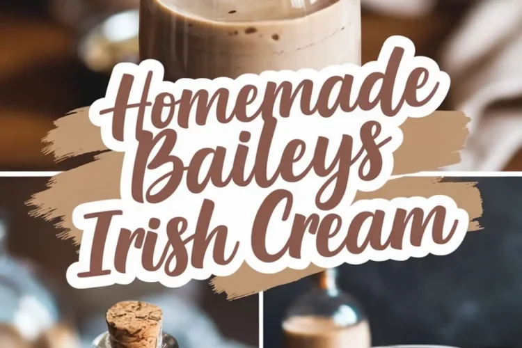 Collage with a close-up of a corked glass bottle filled with homemade Baileys, a rich, creamy texture visible inside. The bottom images display a chilled Baileys cocktail with ice and a rustic wooden background. The text overlay enhances the cozy, homemade vibe.