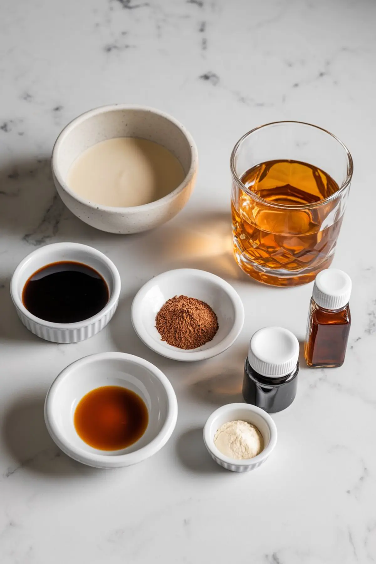 Overhead shot of Baileys ingredients arranged on a marble surface, including whiskey, heavy cream, vanilla extract, cocoa powder, sweetened condensed milk, instant coffee, and almond extract. The setup emphasizes the simplicity of this Baileys recipe.