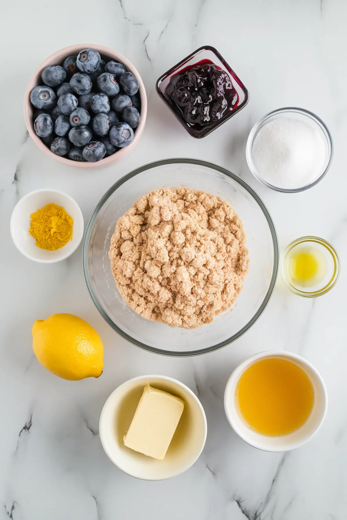 Flat lay of ingredients for a blueberry lemon dump cake. The image includes a bowl of fresh blueberries, blueberry preserves, granulated sugar, lemon zest, a whole lemon, melted butter, and a crumbly cake mix on a white marble surface.