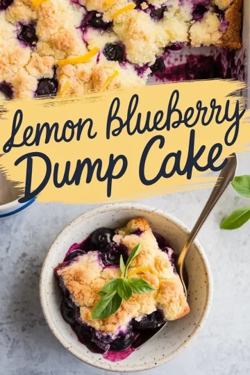 Close-up of a baked lemon blueberry dump cake. The golden crust is studded with juicy blueberries and fresh lemon zest. A portion is served in a bowl, revealing a gooey blueberry filling. A sprig of mint decorates the plated portion. The text overlay reads “Lemon Blueberry Dump Cake.”
