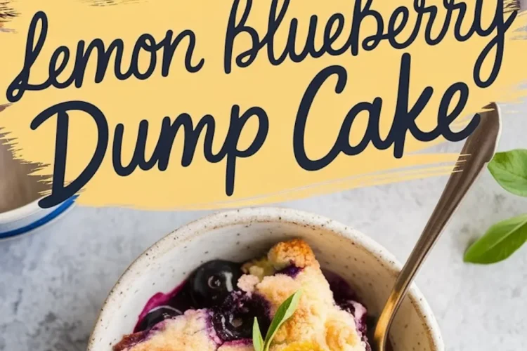 Close-up of a baked lemon blueberry dump cake. The golden crust is studded with juicy blueberries and fresh lemon zest. A portion is served in a bowl, revealing a gooey blueberry filling. A sprig of mint decorates the plated portion. The text overlay reads “Lemon Blueberry Dump Cake.”