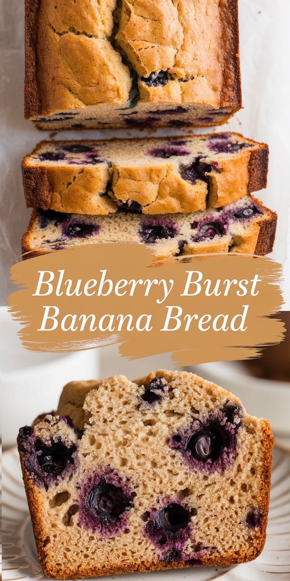 A loaf of blueberry banana bread sliced into thick pieces, highlighting the moist texture and juicy blueberries. The text “Blueberry Burst Banana Bread” is styled on a rustic beige background, enhancing the aesthetic of the presentation.
