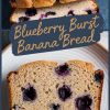 A collage featuring a loaf of blueberry banana bread sliced in half at the top, showcasing its golden-brown crust and vibrant blueberries inside, with “Blueberry Burst Banana Bread” text in bold script. The bottom part displays a close-up of a single slice on a white plate, emphasizing the fluffy texture and juicy blueberries.