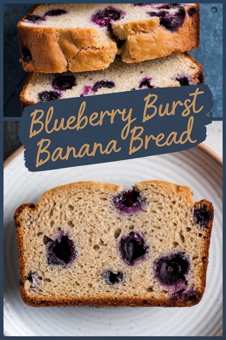 A collage featuring a loaf of blueberry banana bread sliced in half at the top, showcasing its golden-brown crust and vibrant blueberries inside, with “Blueberry Burst Banana Bread” text in bold script. The bottom part displays a close-up of a single slice on a white plate, emphasizing the fluffy texture and juicy blueberries.