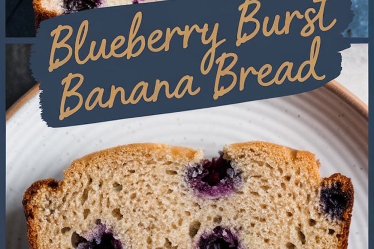 A collage featuring a loaf of blueberry banana bread sliced in half at the top, showcasing its golden-brown crust and vibrant blueberries inside, with “Blueberry Burst Banana Bread” text in bold script. The bottom part displays a close-up of a single slice on a white plate, emphasizing the fluffy texture and juicy blueberries.