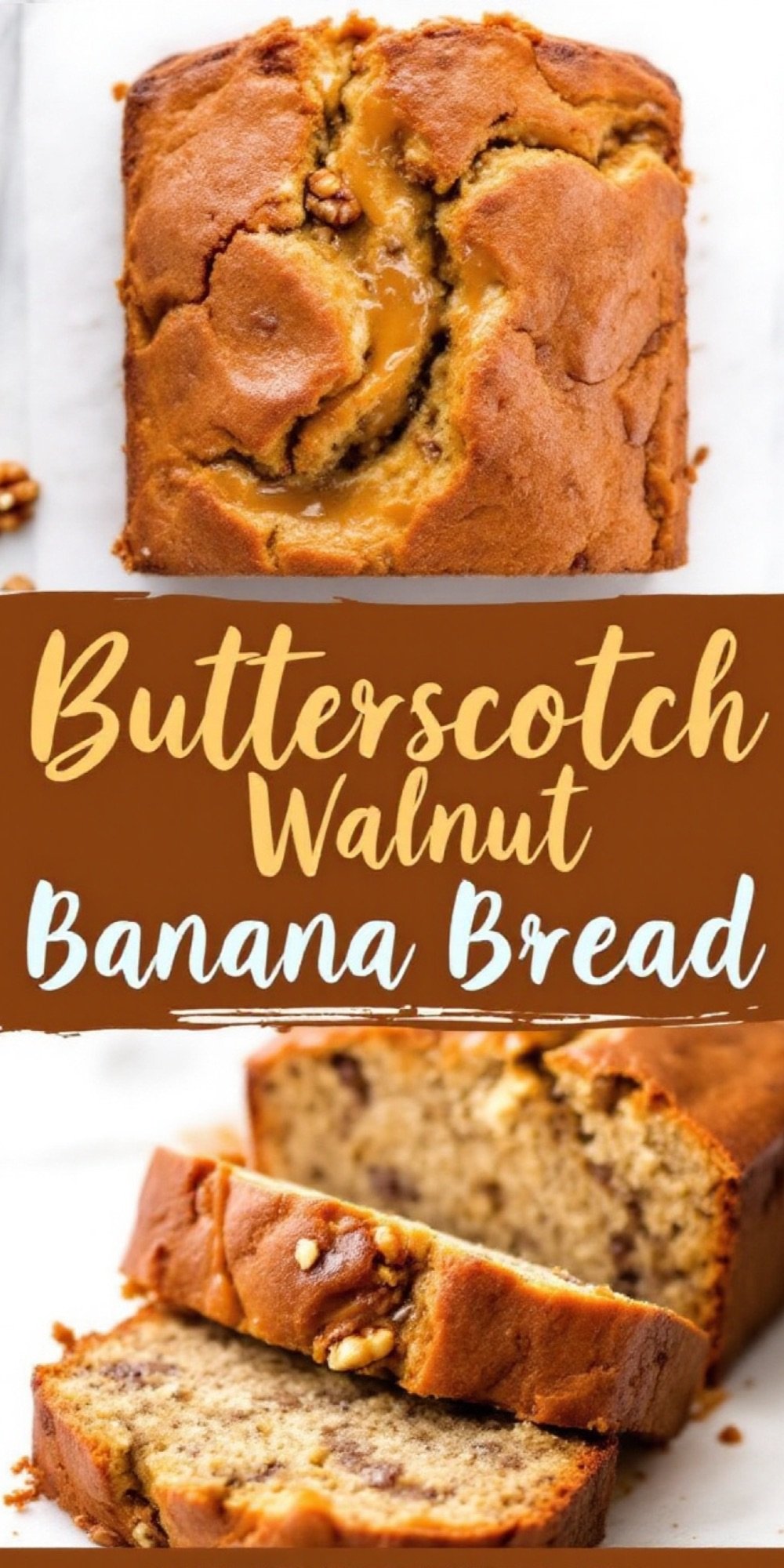 A collage showing the top view of a golden-brown butterscotch walnut banana bread loaf and a sliced view highlighting the moist texture with visible walnuts and butterscotch.
