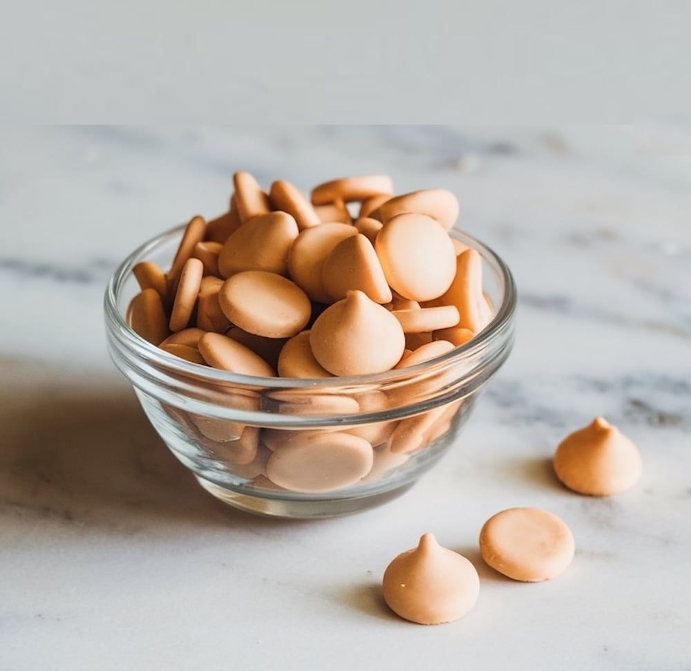 A small glass bowl filled with butterscotch chips, with a few scattered on the marble surface for a close-up view.
