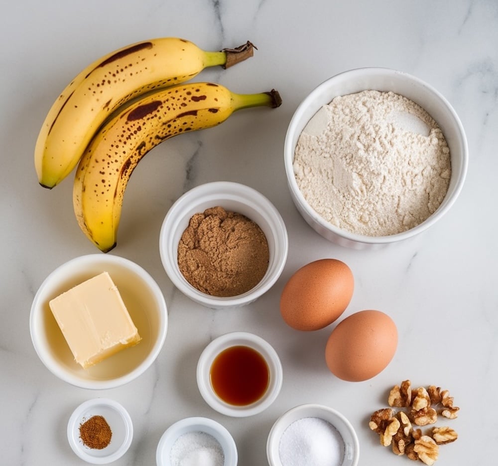 A flat-lay of ingredients for banana bread, including ripe bananas, a bowl of flour, two eggs, butter, brown sugar, vanilla extract, ground cinnamon, salt, baking soda, and chopped walnuts, arranged on a marble countertop.