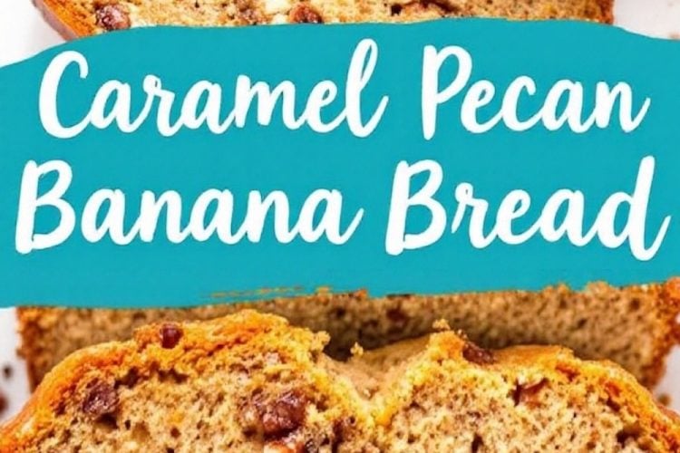 Close-up of caramel pecan banana bread slices, showing their moist interior with visible pecan pieces and a caramel-glazed crust. A blue banner across the middle reads “Caramel Pecan Banana Bread.”