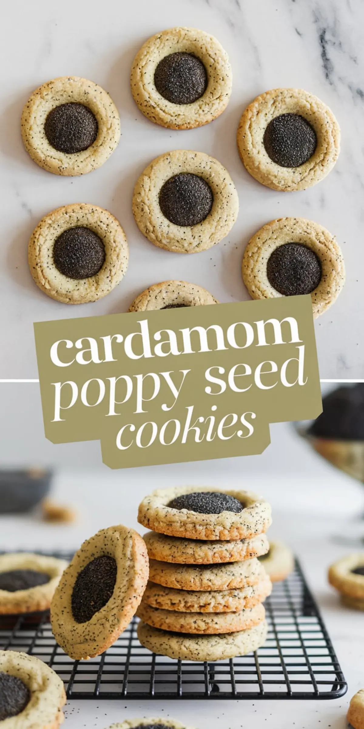 A collage of two images featuring cardamom poppy seed cookies. The top view shows round cookies with a golden-brown edge and a dark poppy seed center arranged on a marble surface. The bottom view displays a stack of cookies on a cooling rack, with additional cookies scattered around. A text overlay reads “cardamom poppy seed cookies.”