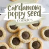 A top-down view of freshly baked cardamom poppy seed cookies arranged on a marble surface. The cookies have a golden-brown edge with a dark poppy seed center. A text overlay reads “cardamom poppy seed cookies.”