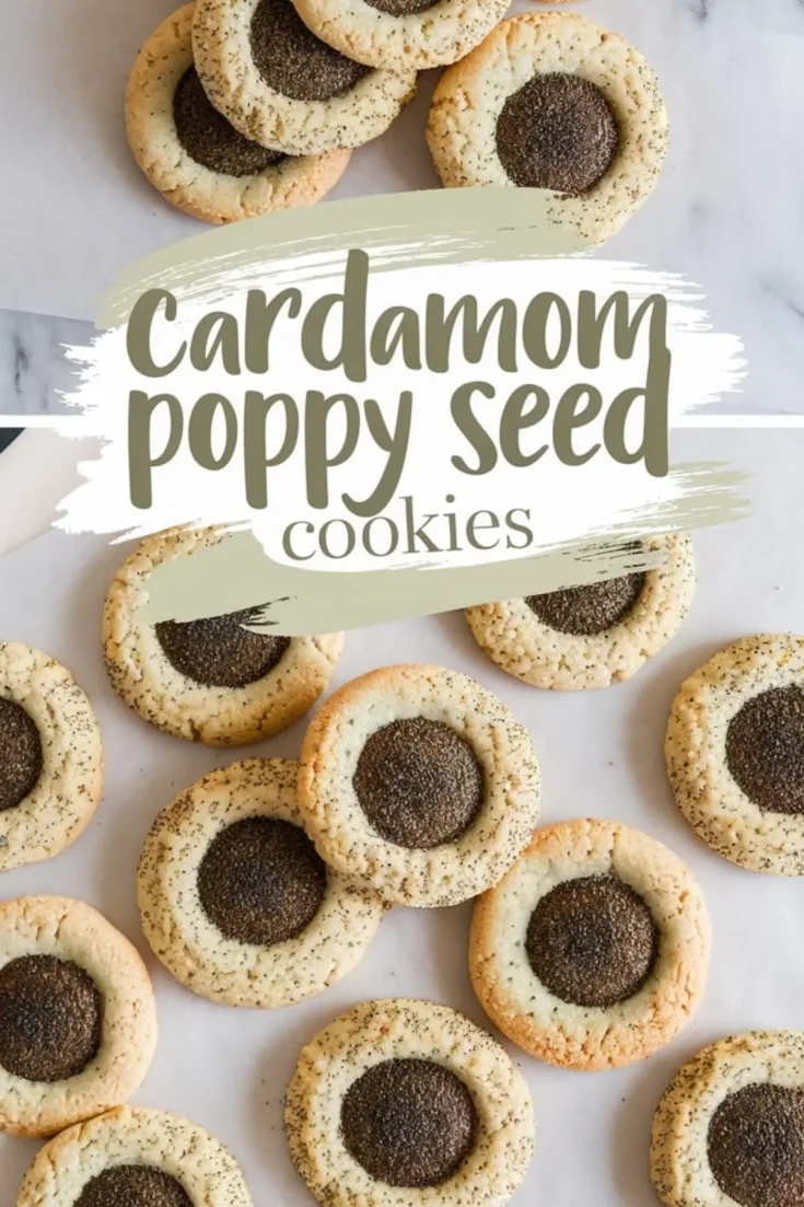 A top-down view of freshly baked cardamom poppy seed cookies arranged on a marble surface. The cookies have a golden-brown edge with a dark poppy seed center. A text overlay reads “cardamom poppy seed cookies.”