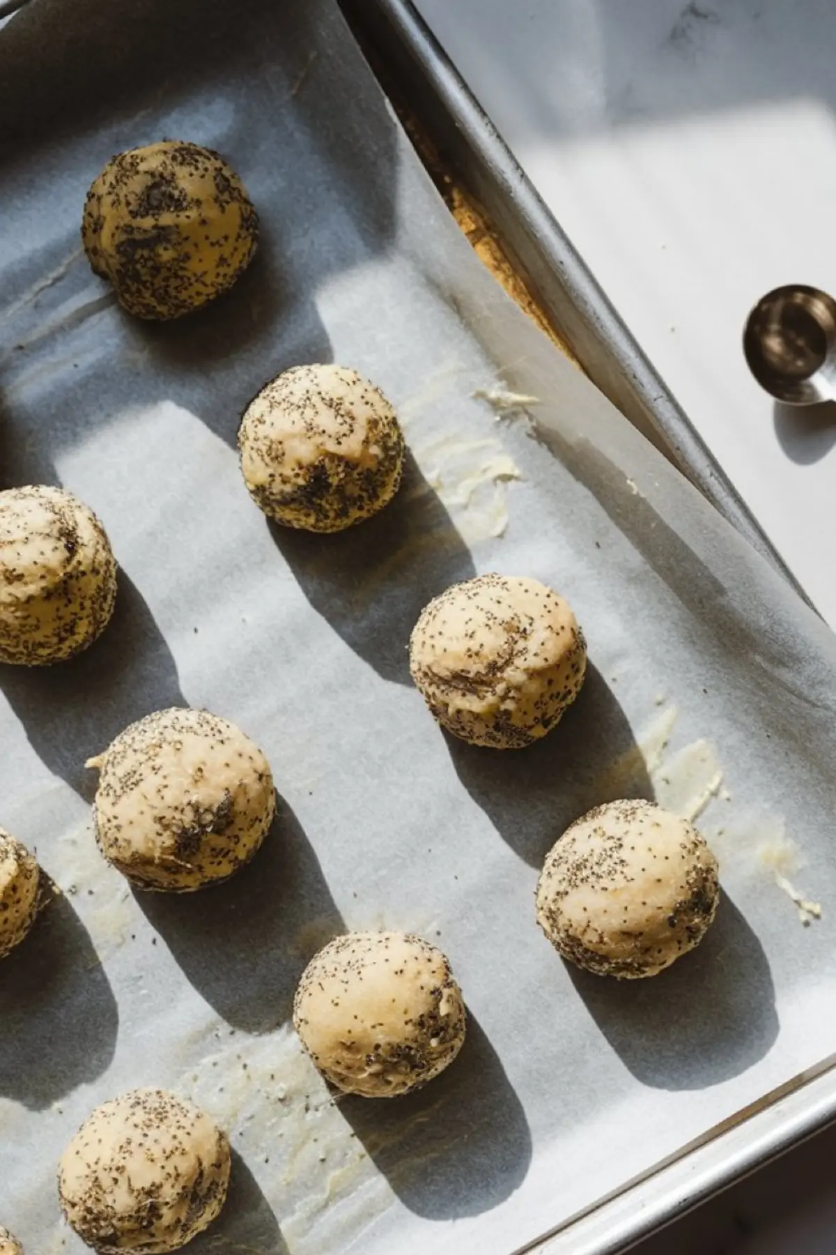 A baking tray lined with parchment paper holding raw cookie dough balls coated in poppy seeds. The dough balls are evenly spaced, with sunlight casting soft shadows.