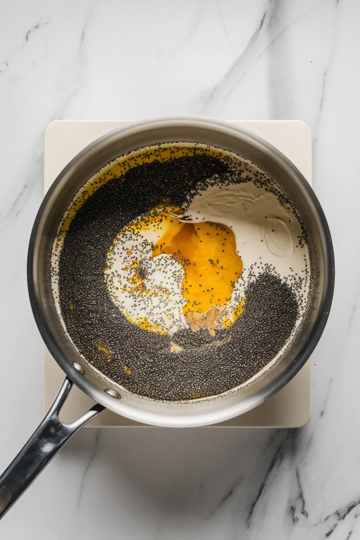 A saucepan filled with poppy seeds, milk, honey, and spices on a stovetop. The ingredients are not yet mixed, showing distinct textures and colors.