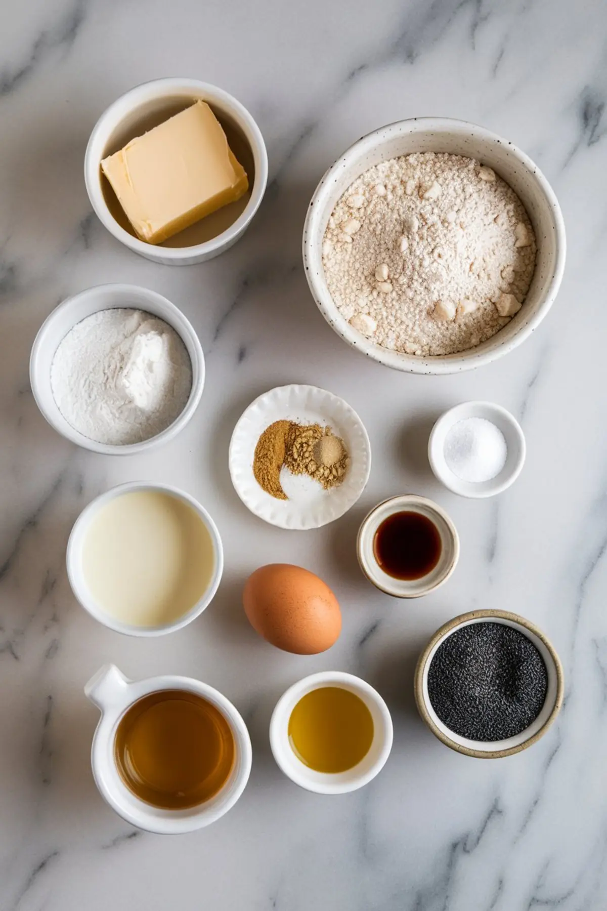 A flat lay of baking ingredients on a marble surface. Small bowls hold flour, sugar, baking powder, butter, milk, an egg, vanilla extract, honey, olive oil, poppy seeds, and ground spices including cardamom and ginger.