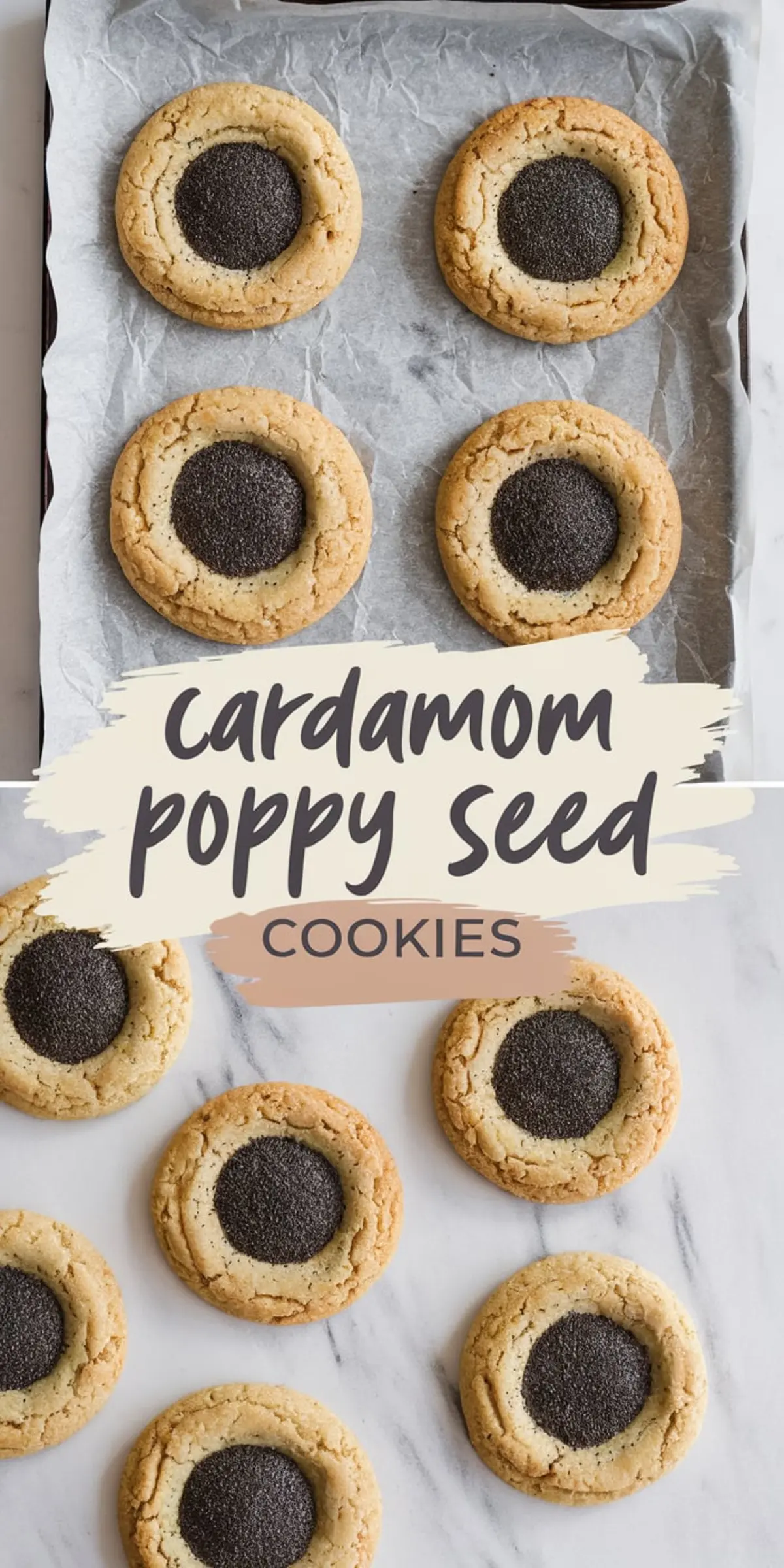 A collage of two images displaying baked cardamom poppy seed cookies. The top image shows cookies on a parchment-lined baking sheet, while the bottom image features them arranged on a marble surface. A text overlay reads “cardamom poppy seed cookies.”