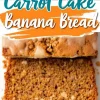 Close-up of a sliced carrot cake banana bread with a golden-brown crust, creamy glaze, and crunchy streusel topping. The inside reveals a moist, spiced crumb with visible flecks of nuts. Text overlay in blue and orange reads “Carrot Cake Banana Bread.”