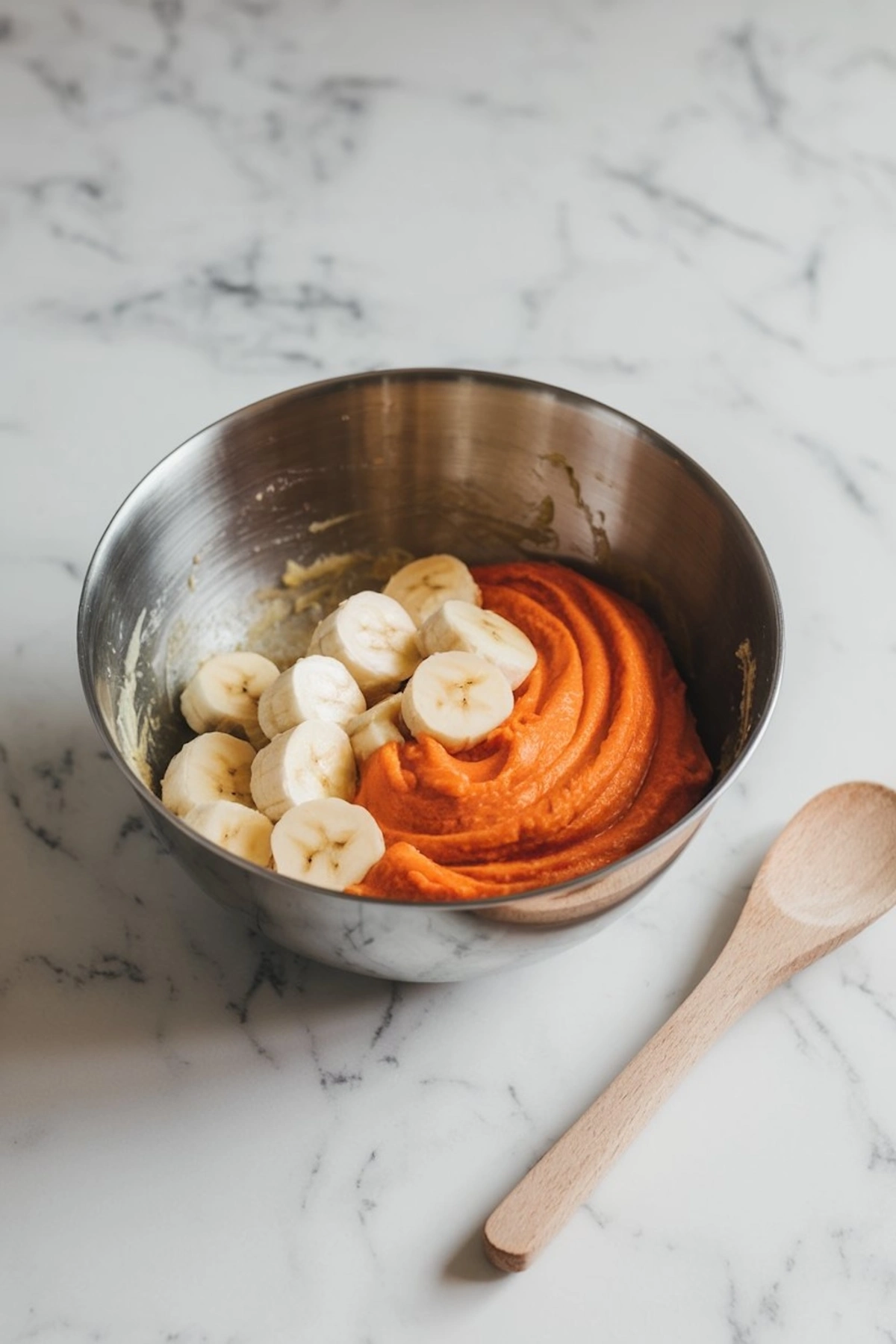 Mixing bowl with mashed bananas and carrot puree on a marble countertop. A wooden spoon rests beside the bowl, ready to combine the ingredients.