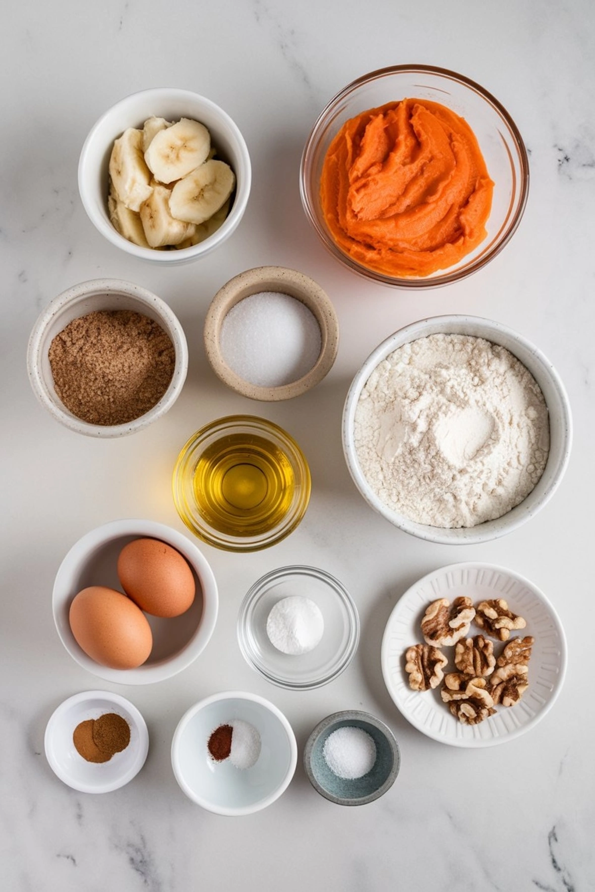 Overhead shot of ingredients for carrot cake banana bread arranged on a white marble surface. Includes mashed carrots, sliced bananas, flour, eggs, brown sugar, white sugar, oil, walnuts, cinnamon, nutmeg, baking powder, and salt in small bowls.