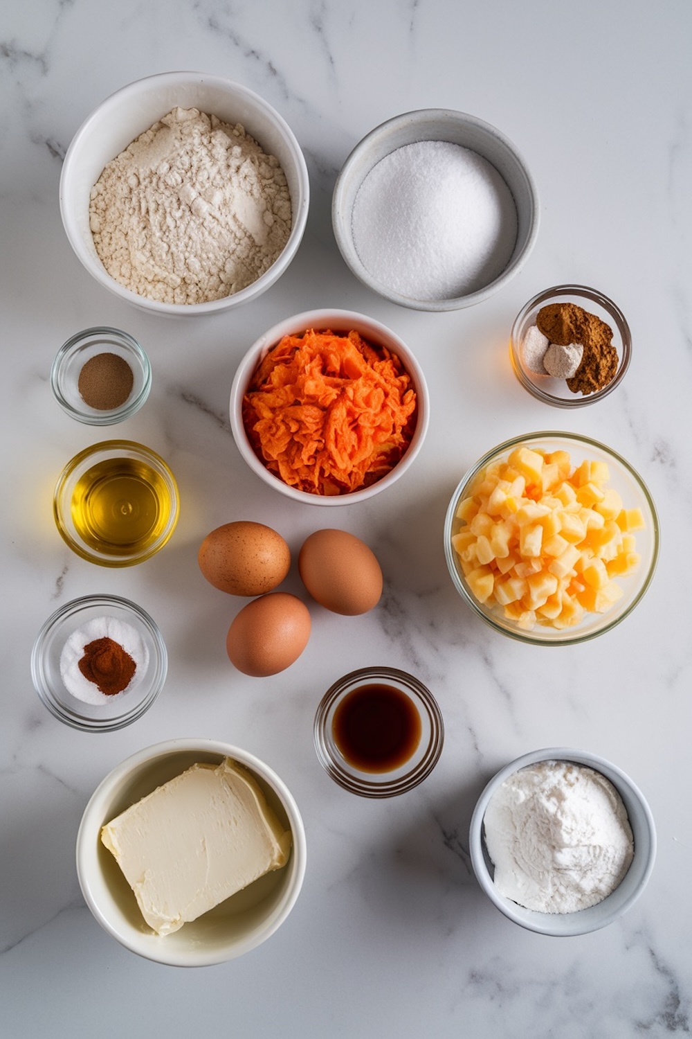 Ingredients for carrot cake bars displayed on a white marble surface. Includes bowls of shredded carrots, sugar, flour, butter, diced pineapple, eggs, spices, vanilla extract, oil, and baking powder.