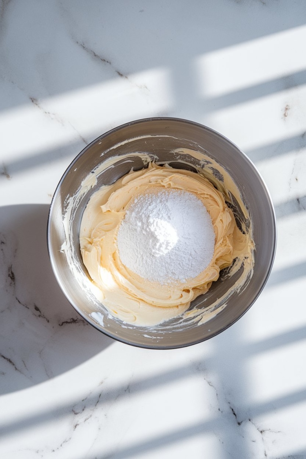 Cream cheese frosting being prepared in a mixing bowl. A mound of powdered sugar sits atop softened cream cheese, ready to be mixed into a smooth and creamy consistency.