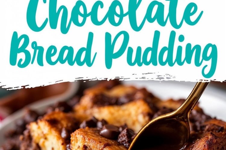 A rich and indulgent chocolate bread pudding topped with golden, toasted bread cubes and melted chocolate chips. The text overlay reads “Chocolate Bread Pudding” in bold turquoise letters. The bottom shows a close-up of a serving drizzled with silky chocolate sauce, with a golden spoon cutting through its gooey layers.