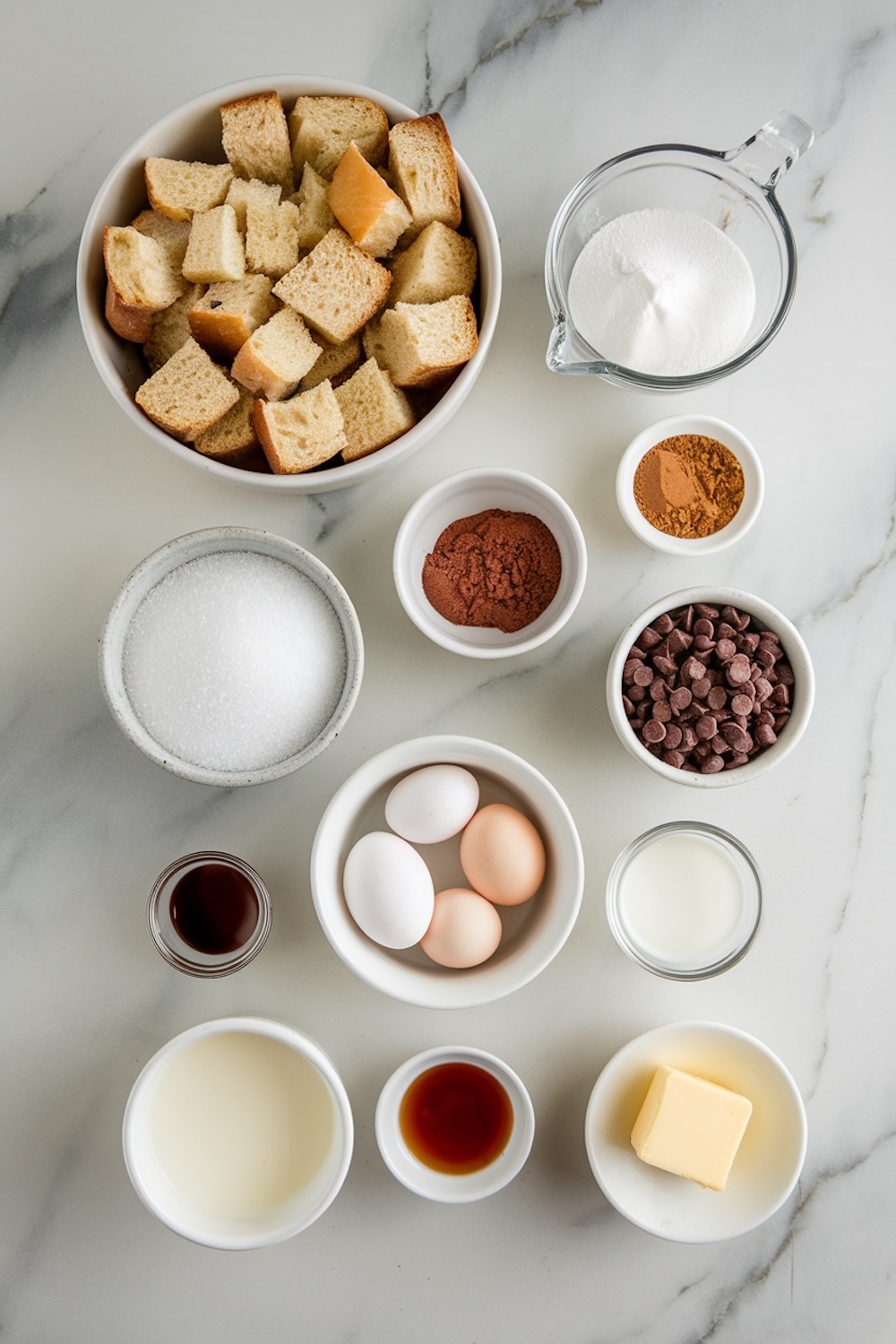 An overhead shot of all ingredients for making chocolate bread pudding. Items include cubed bread, chocolate chips, eggs, cocoa powder, sugar, milk, butter, and vanilla, each displayed in separate bowls for a clean and organized visual.