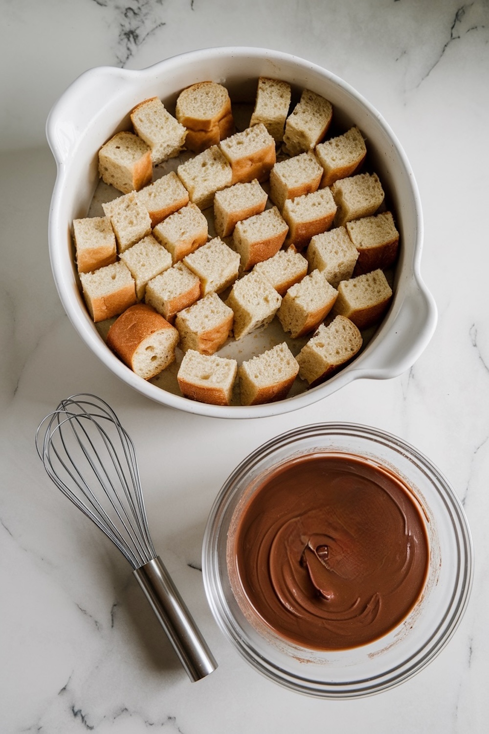 A round baking dish filled with cubed bread neatly arranged, ready to be transformed into bread pudding. Next to the dish, a bowl of smooth chocolate sauce and a metal whisk sit on a marble countertop, suggesting preparation steps.