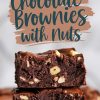 A stack of three chocolate brownies with nuts, showcasing their fudgy texture and golden nut pieces, with a text overlay that reads “Chocolate Brownies with Nuts.” The background is softly blurred, drawing attention to the rich dessert.