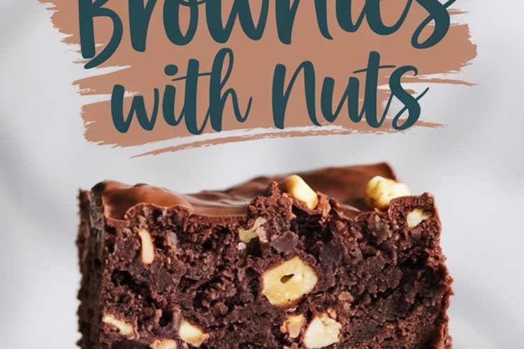 A stack of three chocolate brownies with nuts, showcasing their fudgy texture and golden nut pieces, with a text overlay that reads “Chocolate Brownies with Nuts.” The background is softly blurred, drawing attention to the rich dessert.