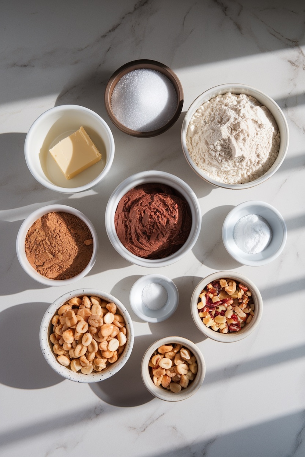 An overhead shot of baking ingredients for chocolate brownies, including bowls of flour, cocoa powder, sugar, butter, eggs, and various nuts, arranged on a white marble surface with soft natural lighting.