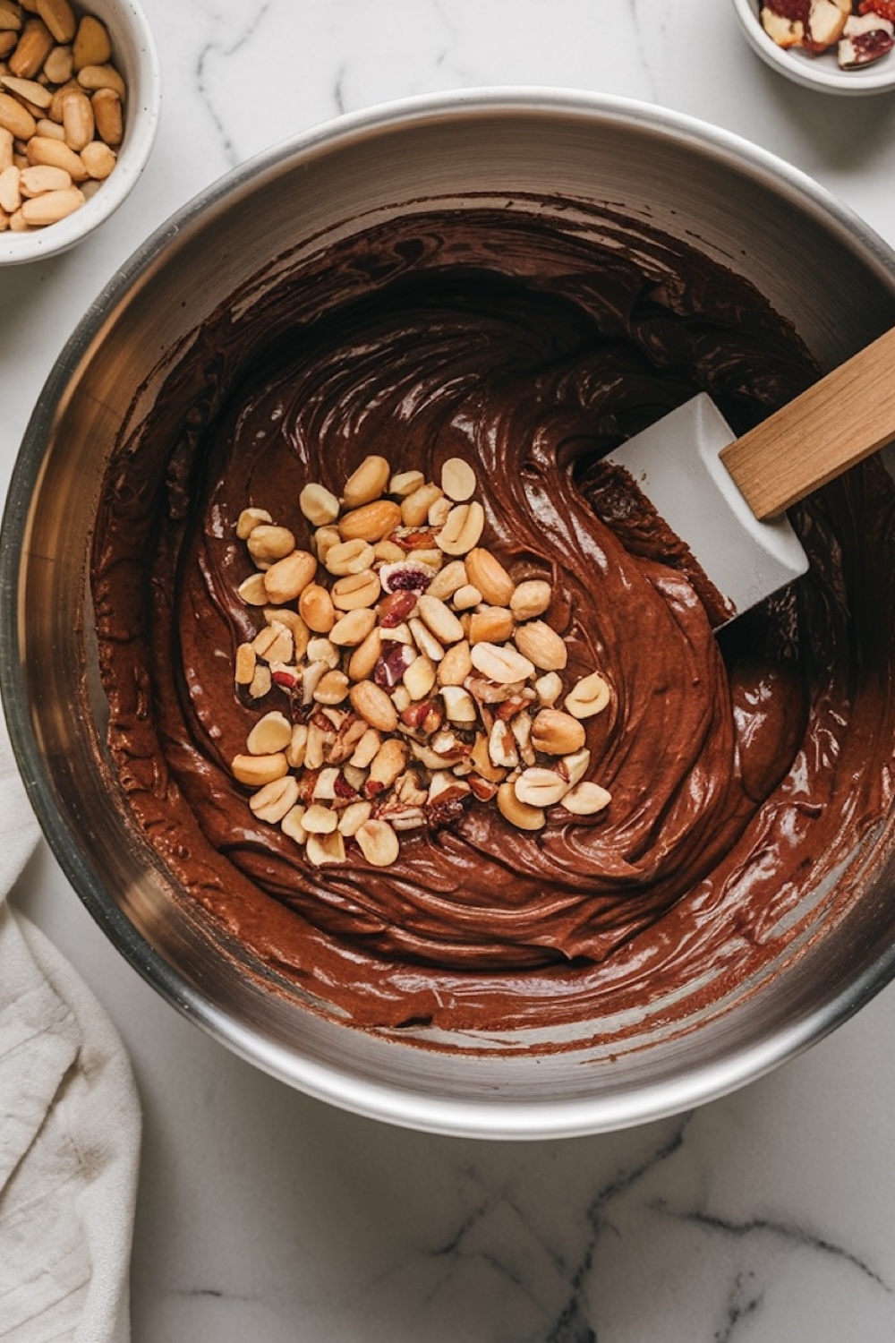 A mixing bowl filled with chocolate brownie batter, topped with a mix of chopped nuts, being folded in with a spatula. A few bowls of additional nuts are visible in the background.