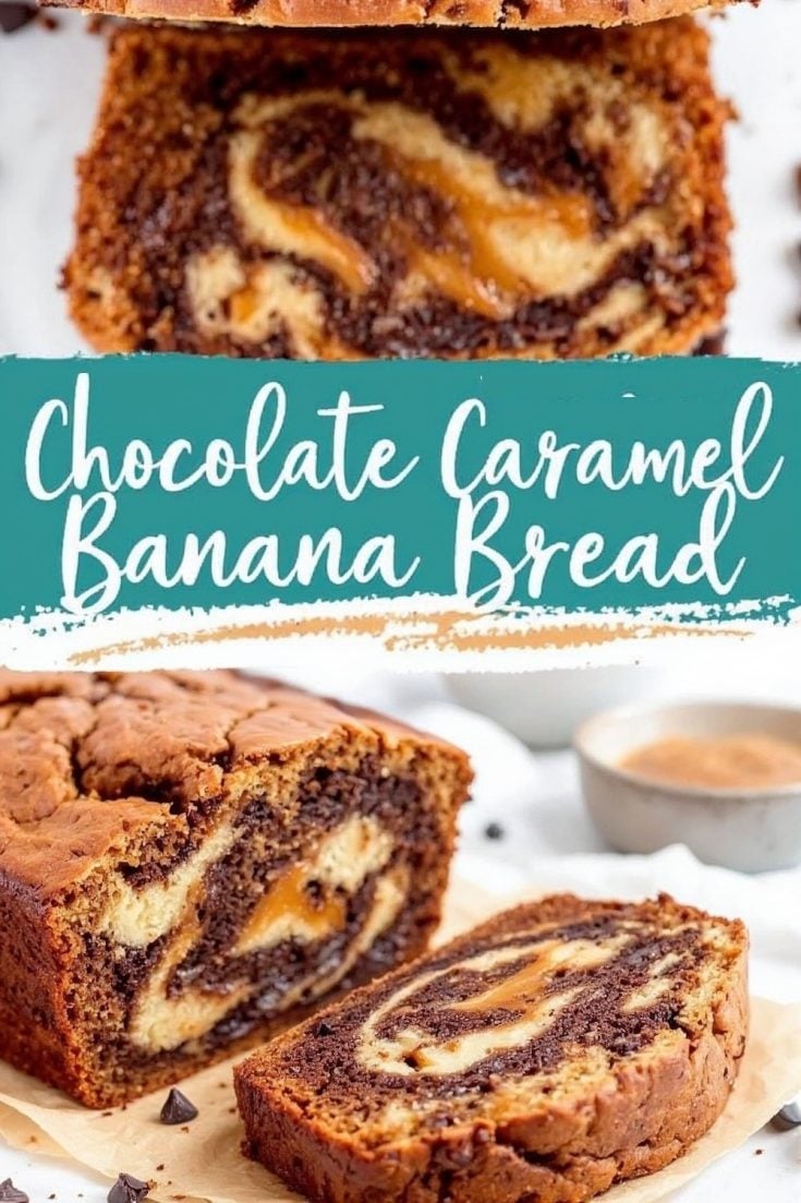 Close-up of chocolate caramel banana bread with swirls of caramel and chocolate running through the loaf, showcasing a moist, rich texture. The top of the bread has a golden-brown crust, and the text overlay reads “Chocolate Caramel Banana Bread” on a teal background.