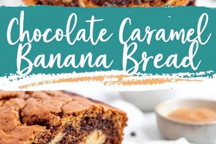 Close-up of chocolate caramel banana bread with swirls of caramel and chocolate running through the loaf, showcasing a moist, rich texture. The top of the bread has a golden-brown crust, and the text overlay reads “Chocolate Caramel Banana Bread” on a teal background.