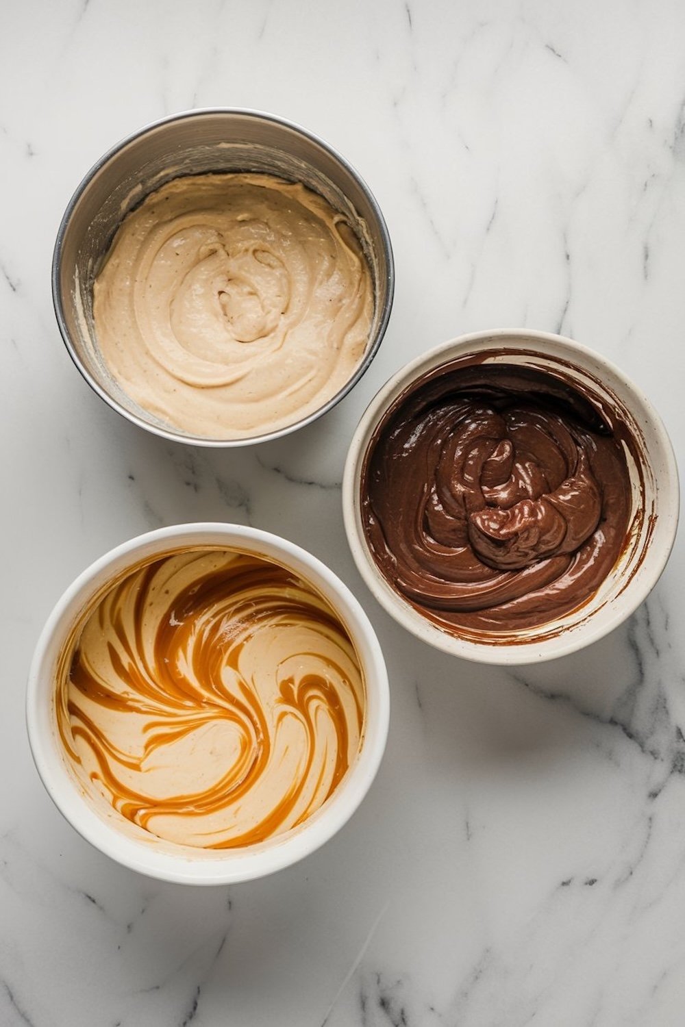 Overhead view of three bowls of batter for chocolate caramel banana bread. The bowls contain plain batter, chocolate batter, and caramel-swirled batter, ready for layering into the loaf pan. The batters are smooth and vibrant, sitting on a marble surface.
