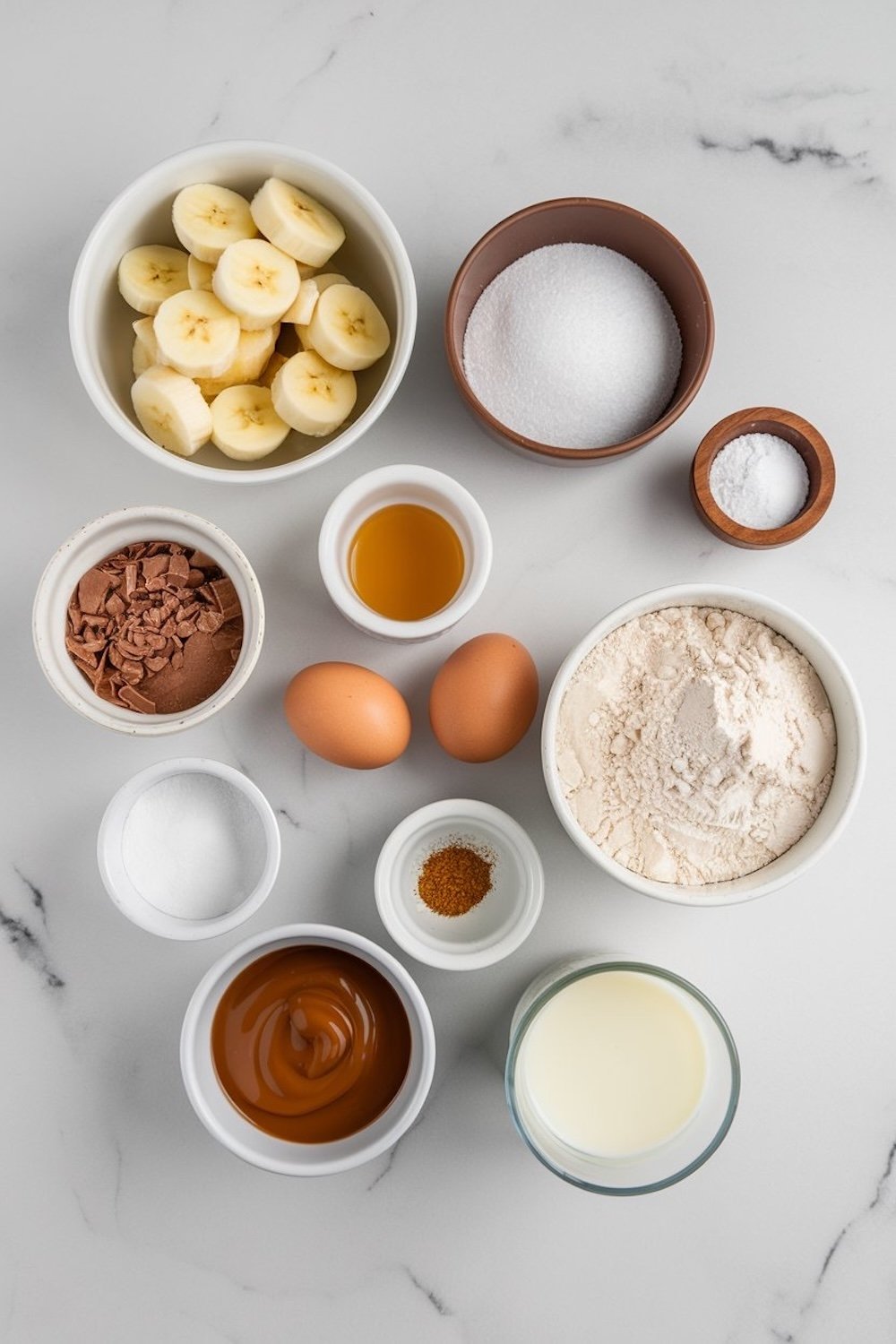Flat lay of ingredients for chocolate caramel banana bread on a marble countertop, including sliced bananas, flour, sugar, eggs, vanilla, caramel sauce, cocoa powder, and spices arranged in bowls.