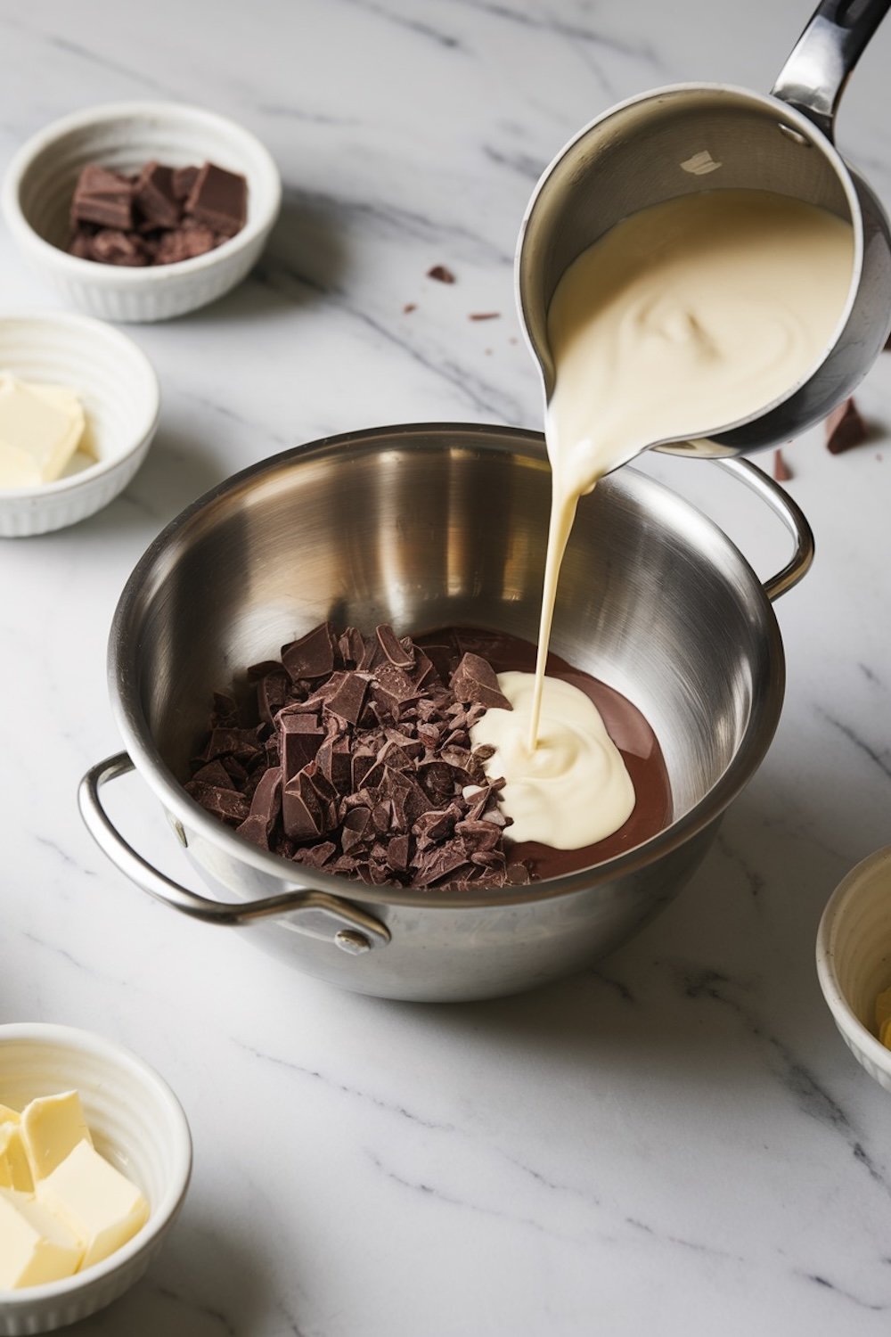 Heavy cream being poured into a bowl of chopped chocolate pieces in a stainless steel pot, preparing a chocolate ganache. Ingredients like butter and additional chocolate chunks are visible in the background.